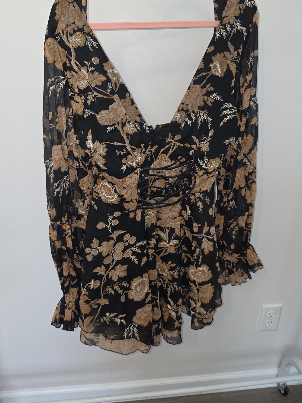 ASOS Design black & brown floral dress with ruffle sleeves and tie front detail